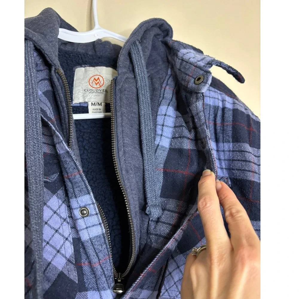Cloudveil Mens Blue Plaid Sherpa‎ Lined Hooded Flannel Shirt Jacket Medium